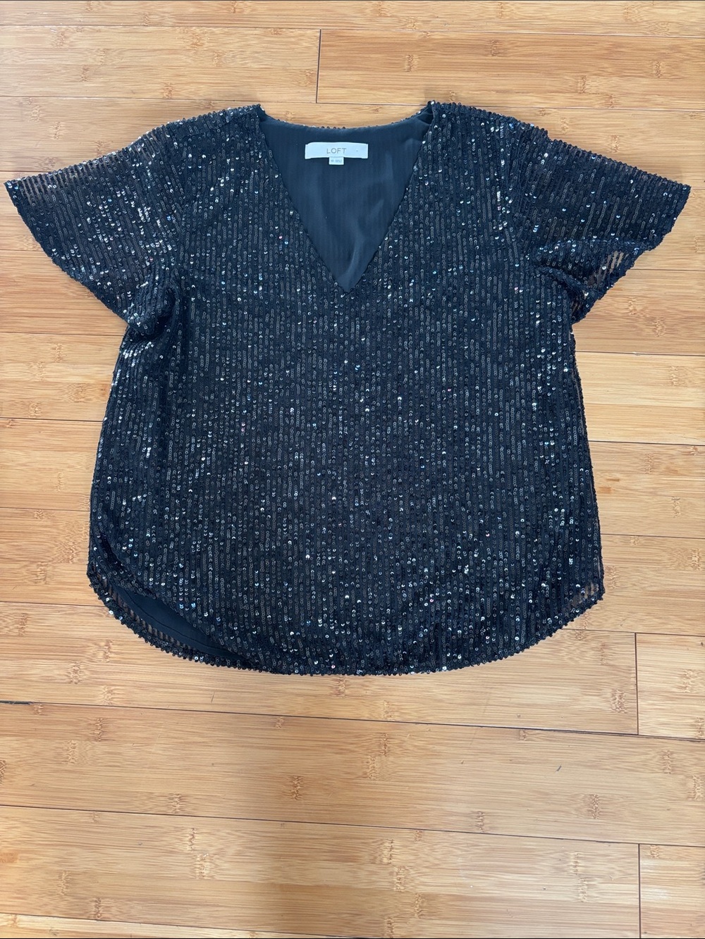 LOFT Black Sequin V-Neck Short Sleeve Top